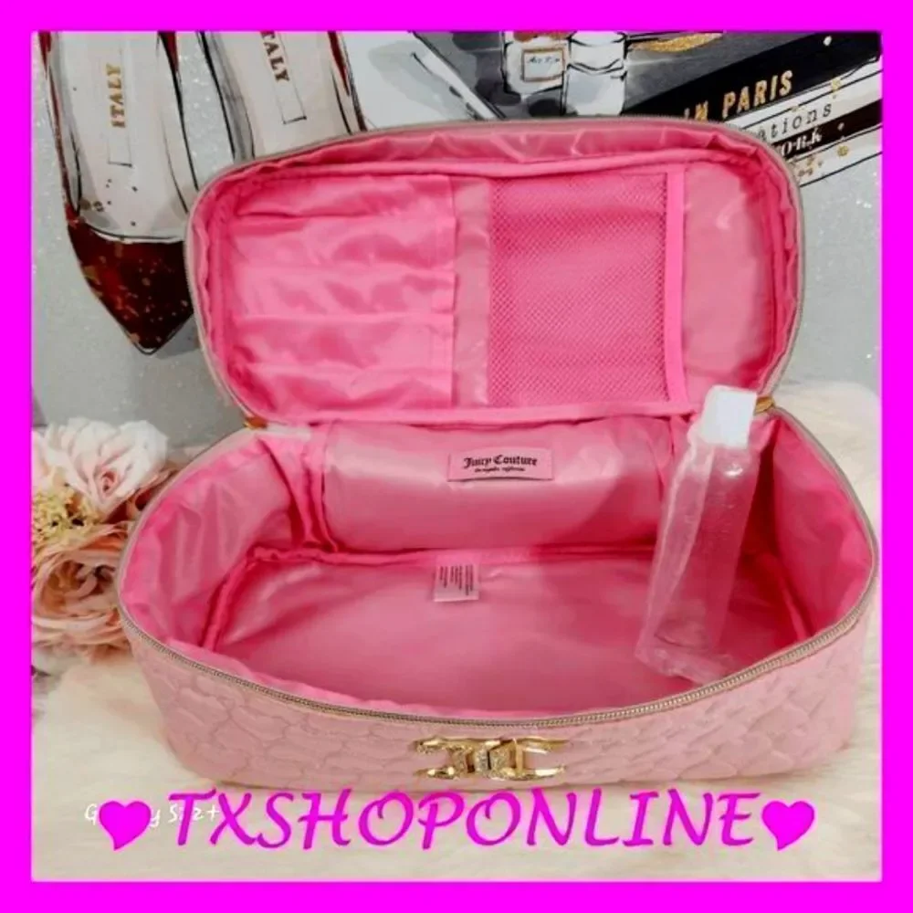 {Juicy Couture} Pink Quilted Hearts Train Case | Bling Cosmetic Bag |